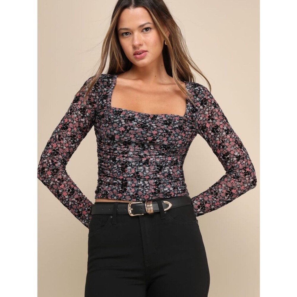 Lulus Exceptional Option Black Floral Print Mesh Velvet Ruched Top Small